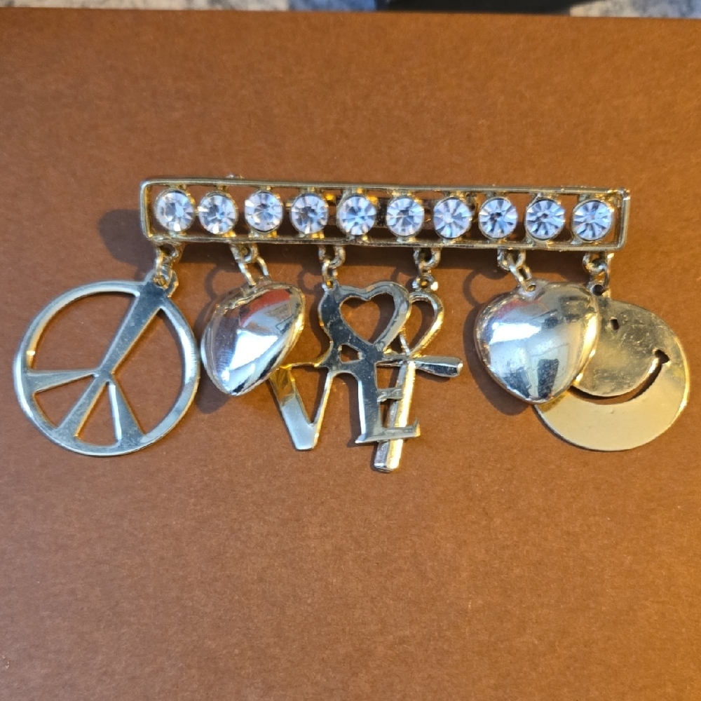 Gold Charm Brooch with Crystals